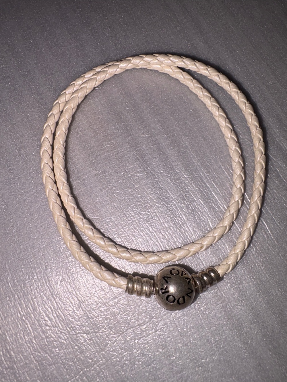 Pandora White Braided Leather Double Wrap Bracelet with Silver Bead Closure.